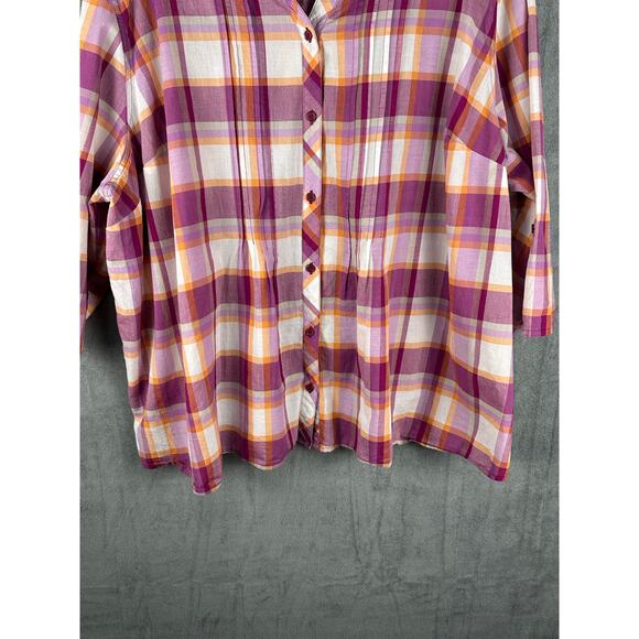 Catherines Top Womens 3X Purple Plaid Button Down Roll Sleeve Tunic Cottagecore - Picture 3 of 13